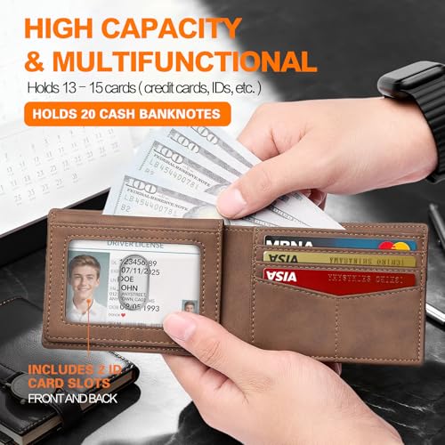 Image of Wallet for Men Slim RFID Blocking Bifold Carbon Fiber,Minimalist Small Compact Front Pocket Credit Card Holder,Thin Mens Leather Wallets Smart Security With 2 ID windows 1 Cash (Dark Brown)