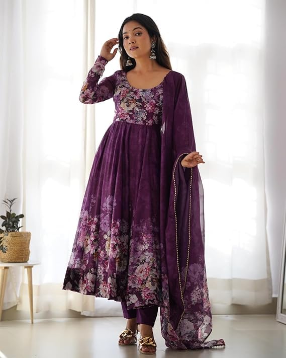 Image of KD Women's Floral Printed Georgette Anarkali Kurta Set With Dupatta, Traditional Salwar Suit, Long Sleeve Ethnic Dress