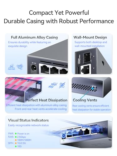 Image of 7 Port 2.5G Unmanaged Ethernet Switch with 2x10G SFP+ , 2.5 Gigabit Network Switch, 2.5Gb Ethernet Hub, Plug & Play, Metal Housing, Desktop /Wall-Mount