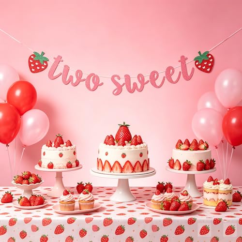 Image of Two Sweet Banner Strawberry Garland Glitter Paper Sign for Baby Girl 2nd Second Birthday Party Supply