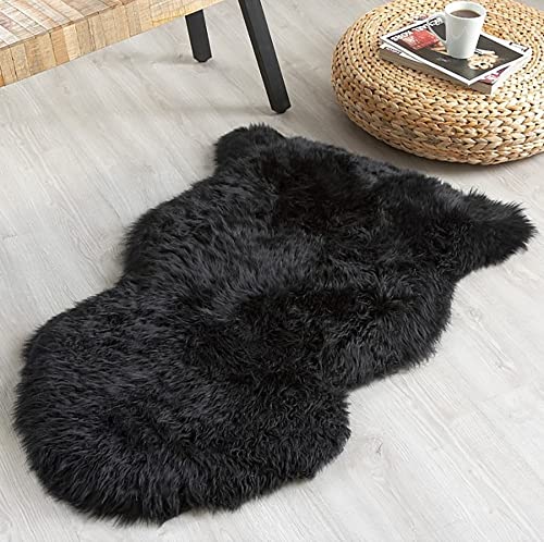 Huahoo Premium Genuine Sheepskin Rug Black Real Australia Sheepskin Natural Luxury Fluffy Lambskin Fur Area Rug Seat Covers For Kids Bedroom Sofa Chair Cover Pets Dogs Mat Single Pelt/2'X 3' Black #TOP7