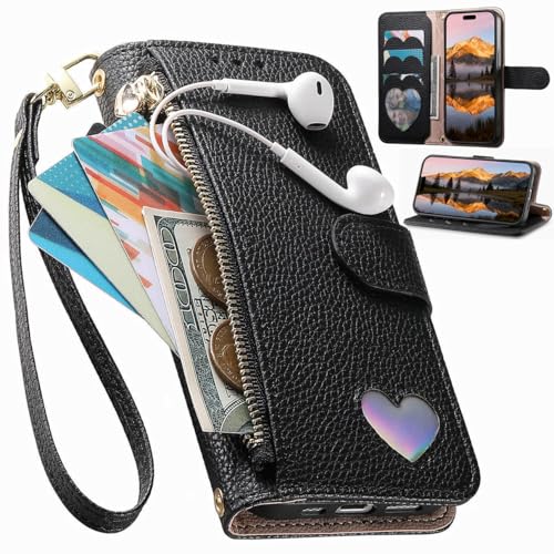 Funda Tipo Cartera para OPPO A54S/Oppo A16S, Cierre de Cremallera, Tarjetero, Funda con Estampado de Amor, Bolsillo de Bolso de Cuero PU para OPPO A54S/Oppo A16S-Negro