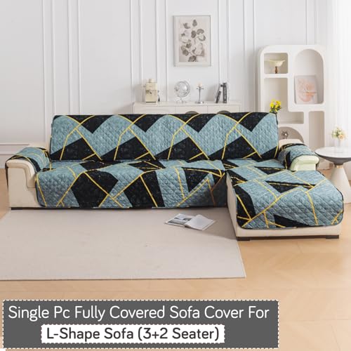 Image of HOKIPO 'Elira Series' Printed Quilted One-Piece L Shape 5 Seater (3+2) Sofa Cover with Right Chaise | Anti-Slip Design, Multicolor Abstract Geometry (AR-6229-C10)