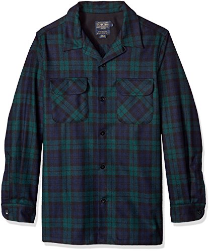 Pendleton Men's Long Sleeve Fitted Board Wool Shirt, Black Watch Tartan-RA072, XXL