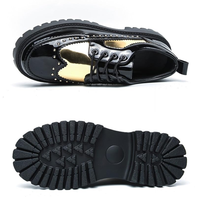 Image of Men's Patent Leather Platform Dress Shoes Classic Round Toe Thick Lug Sole Lace Up Oxfords Comfort Block Heel Derby Business Casual Shoes
