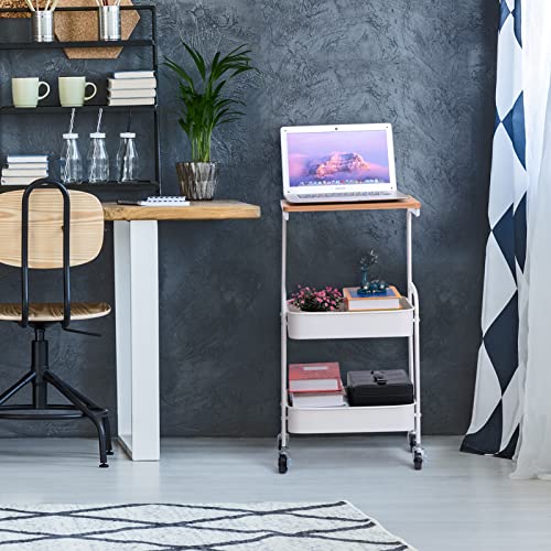 Agtek 3 Tier Storage Utility Rolling Cart With Wooden Board, Metal Organizer Removable Computer Desk Cart With Baskets And Wheels For Home & Office, White #TOP22