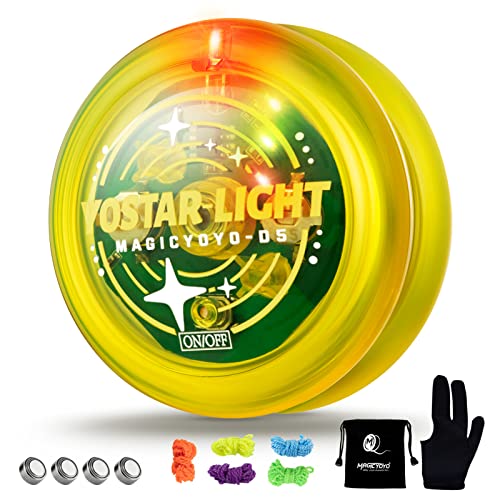 Magic Yoyo D5 Light Up Yoyo with LED Lights, Professional Responsive Yoyo for Kids Beginner, 2A Looping Yoyo with Extra 4 Battery + 5 yoyo Strings + Yo yo Sack+ Gloves (Crystal Yellow)