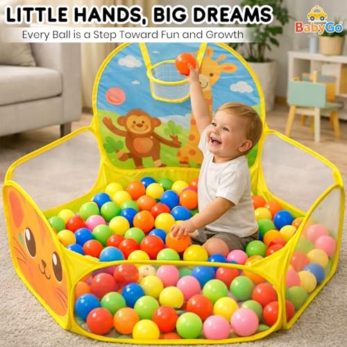 Image of BabyGo Kids Giraffe Basketball Ball Pool for Kids, Play Tent House for 2+ Year Old Girls and Boys, Ball Pit for Kid, Spacious, Lightweight, Portable & Easy to Set Up, (Yellow) (30 Balls)