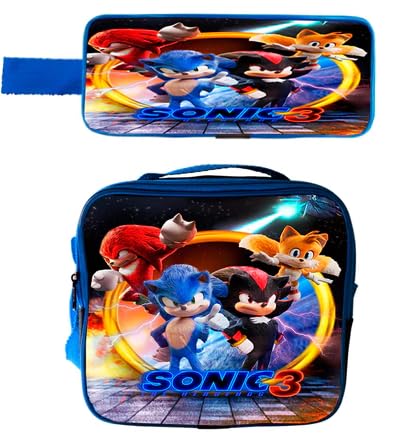 Kit Lancheira Térmica e Estojo Infantil Sonic, Personagens Coloridos, com Alça Ajustável, Menino
