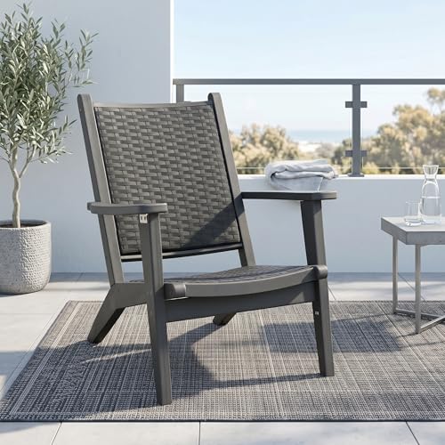 Wicker HDPE Adirondack Chair - Oversized Outdoor Fire Pit Chair with High Back and Wide Armrests, Comfortable Single Rattan Patio Armchair for Yard Deck Backyard Porch - Weatherproof & Fade Resistant