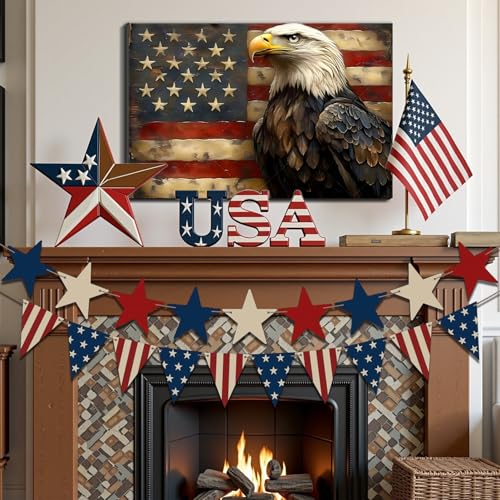Image of Framed Bald Eagle American Flag Wall Art, Patriotic USA Canvas Art Pictures, Vintage Eagle Wall Decor for Office Living Room Man Cave, Ready to Hang Made in USA