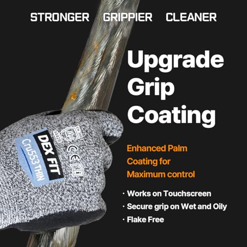 Image of DEX FIT Level 5 Extreme Cut Resistant Gloves Cru553 Thin, Non-Slip Power Grip, Professional Grade 3D Comfort Fit, Thin & Lightweight, Breathable, Touchscreen Compatible, Itch-Free; Grey XS (6)