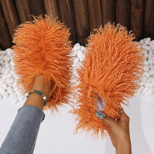 Image of Unisex Fuzzy Faux Fur Slippers, Women's Fluffy Long Hair Sheep Faux Fur Slip on Slides, Girls Luxury Big Fluffy Outdoor Flat Slippers, Long Curly Hair Non-Slip Warm Home Slide Shoes