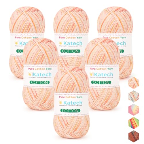 Image of Katech 1OO% Variegated Cotton Yarn for Crocheting-2 Sport Weight Baby Yarns | 6*50g(1.76oz) /160m(175yd)-Soft & Breathable, Pure Cotton Yarn Bulk-Fine Multicolor Yarns for Summer Clothes, Shawls, Dress(E)