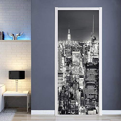 CBWRAW 3D Stickers De Porte 77X200cm Imperméable Amovible Vinyle Autocollants New York City Noir Et Blanc Art Poster Muraux Papier Peint pour Chambre Cuisine...