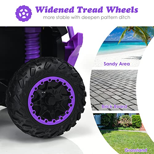 OLAKIDS Ride On ATV, 12V Kids 4 Wheeler Battery Powered Toy Electric Quad for Toddlers with LED Lights, Music, Horn, High Low Speed, Soft Start (Purple)