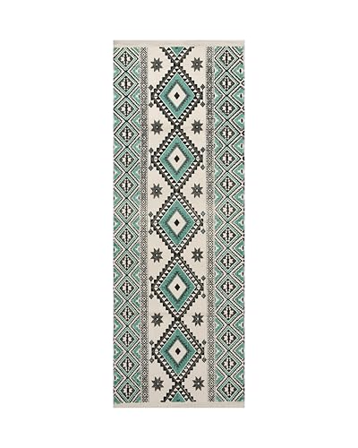 Image of SAGON 2x5 Ft Printed Runner Carpet - Cotton Bedside Rug for Bedroom & Living Room (Teal Green Geomatric)