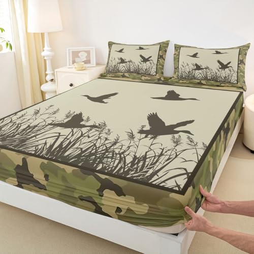 Manfei Mallard - Juego de sábanas bajeras tamaño King, diseño de camuflaje verde pato salvaje, 3 piezas, sábanas de camuflaje con temática de vida silvestre con 2 fundas de almohada, decoración de