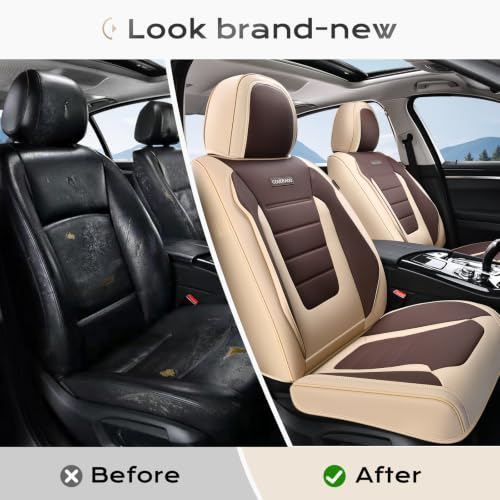 Image of Coverado Car Seat Covers Front, Seat Covers for Cars, Waterproof 2-Pack Car Seat Cushions, Leather Carseat Seat Protectors, Universal Seat Covers Fit for Most Sedans SUV Pick-up Trucks(Beige&Coffee)