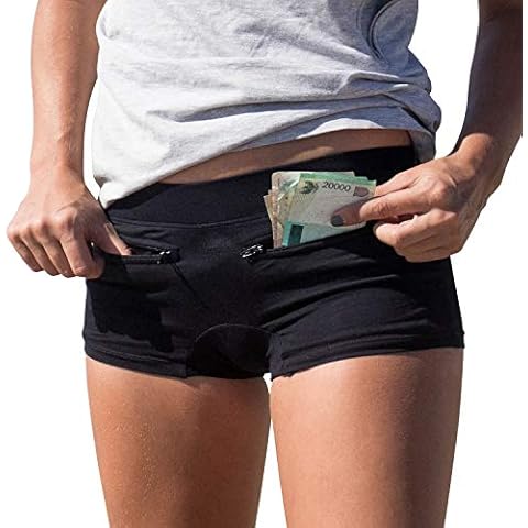 Clever Travel Companion Boxer Brief Women's Underwear - Pickpocket Proof Boyshort Panties - Cotton Underpants with 2 Secret Zipper Pockets Black Cover