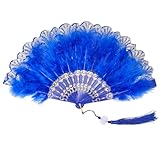 Fumwase Foldable Feather Fan Embroidered Flower Handheld Chinese Folding Fans 1920s Feather Fan Flapper Hand Fan for Costume Party Wedding Dancing Decoration (Blue)