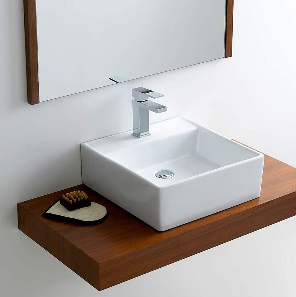 Lavabo pequeño de porcelana blanca Formentera | Pila 28x28x10 cm, sin Rebosadero, con Orificio de grifo | Diseño moderno | Lavamanos para instalar sobre Encimera o sobre mueble de baño