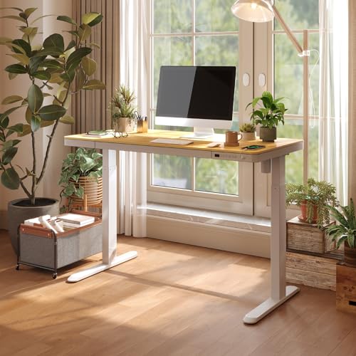 Image of FLEXISPOT Electric Standing Desk with Drawer Storage Adjustable Height Quick Assembly Table w /USB Charge Ports, Child Lock （Natural Desktop + White Frame）