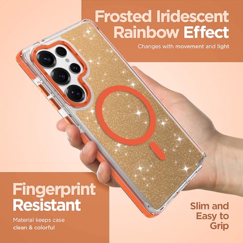 Image of Magnetic Case for Samsung Galaxy S25 Ultra [Compatible with Magsafe] [Bling Glitter Fluorescent Design] [1 Screen Protector] Slim Translucent Matte Case for Galaxy S25 Ultra 6.9 inch, Orange
