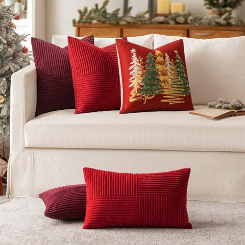 Image of MIULEE Burgundy Decorative Throw Pillow Covers for Couch 20x20 Inch | 2 Pack, Boho Farmhouse Pillow Covers, Soft Cross Corduroy Patchwork Textured Cushion Cases For Bed Sofa