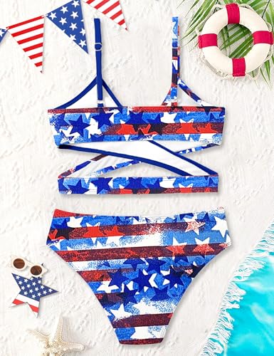 Image of Girls Swimsuit Bikini Set,Criss Cross Bathing Suits for Girl Two Piece Solid Color Girls' Swimwear for 7-16 Years