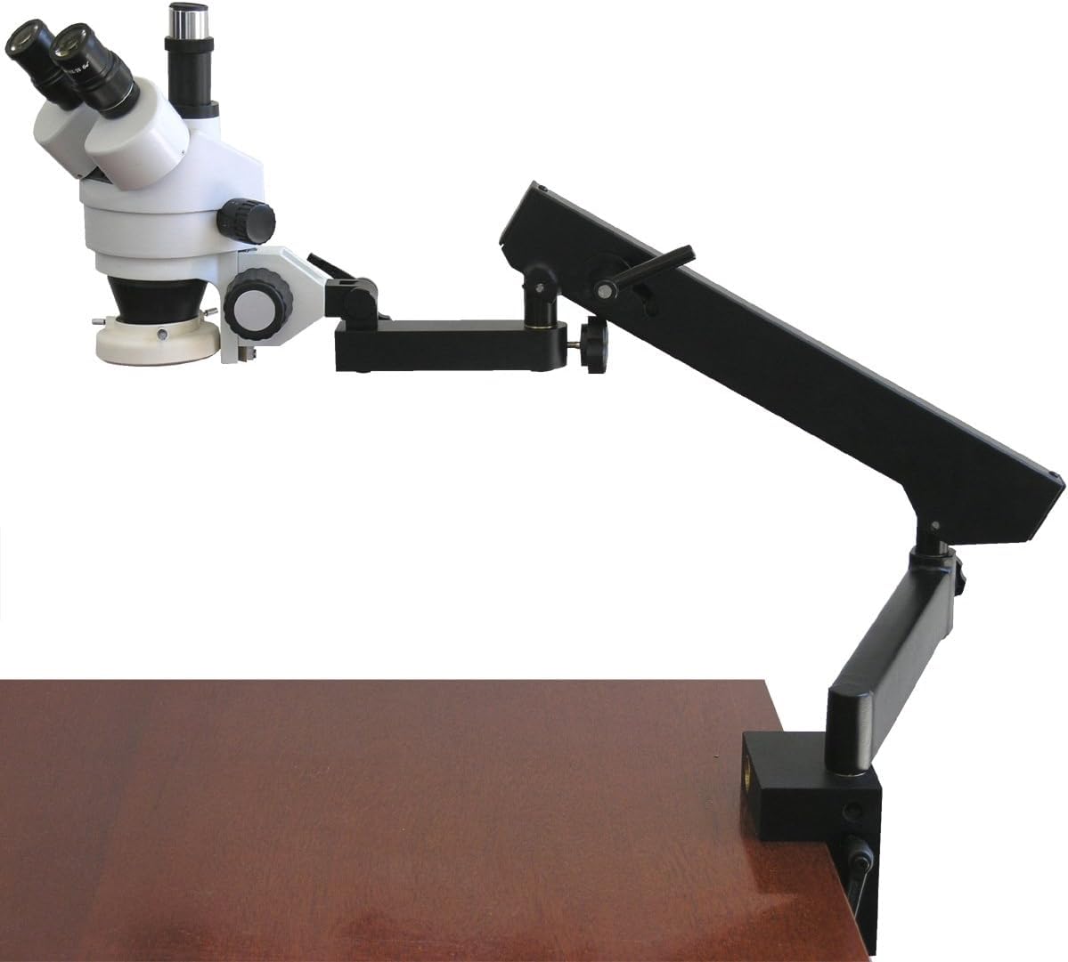 AmScopeSM-6TX-FRL Professional Trinocular Stereo Zoom Microscope, WH10x Eyepieces, 3.5X-45X Magnification, 0.7X-4.5X Zoom Objective, 8W Fluorescent Ring Light, Clamping Articulating Arm Stand 110V-120V, Includes 0.5X Barlow Lens