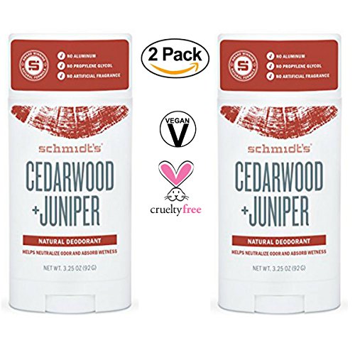 Schmidt's - Deodorant Stick Cedarwood + Juniper, 3.25 oz (Pack of 2) - Free of Aluminum,Vegan, Natural and Cruelty - Free