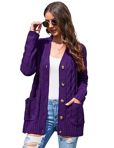 MISSKY Women's Open Front Cardigan Sweater with Pockets Long Sleeve Cable Knit Button Loose Cardigan Sweater Outwear