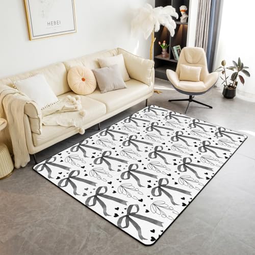 Manfei Cute Bow Kids Area Rug Black Bow Heart Print Floor Mats Rugs for Girl Women Room Decor, Cartoon Bowknot Decorative Rug for Living Room, Absorbent Carpets, 3'x5'