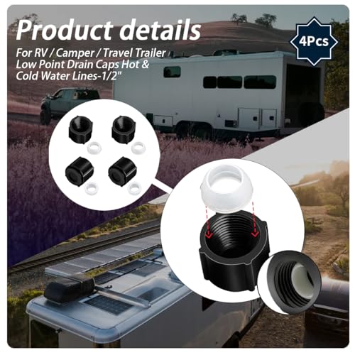 Image of 4Pcs Low Point Drain Seals and Caps Compatible with RV /Camper /Travel Trailer- 1 /2 Inch Hot & Cold Water Lines (4)