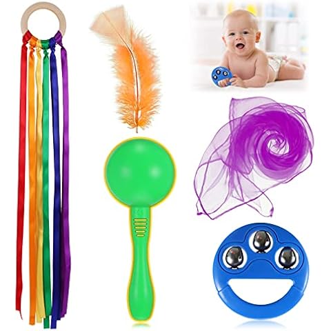 Chalyna 5 Pieces Sensory Toys Set, Includes Sensory Scarves Feather Ribbon Ring Maracas Infant Shake Bell Rattles for Gifts Party Activity Play Supplies Cover