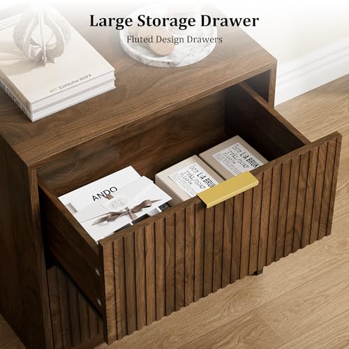 Image of Furniway 3 Piece Bedroom Set, 9 Drawer Dresser and Nightstand Set of 2 with Gold Handles, Modern Wood Chest of Drawers Storage Cabinet for Bedroom, Walnut