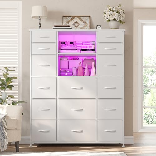 EnHomee 51" H White Dresser with 15 Drawers Dresser for Bedroom with Charging Station & LED Lights & Hutch Sturdy Bedroom Dressers, Steel Frame, Wood Top, 51.2" H x 39.3" W x 11.8" D