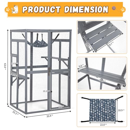 Image of Wooden Outdoor Cat Catio Enclosure with Platforms and Hammock Gray