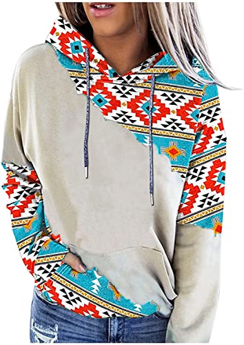TIAFORD Women s Geometric Floral Print Aztec Hoodie Pullover Cowgirl Western Aztec Printed Hooded Sweatshirt (M, BLUE-8)