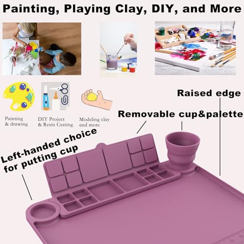 Image of Svartur Silicone Painting Mat with Cup and Palette Detachable, 17 inchX13 inch Thick Silicone Craft Mat with Raised Edge for Artist, Kids Painting Station Silicone Creator Mat, Purple