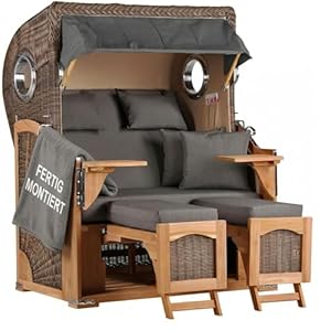 MR. DEKO® Strandkorb Düne Teak 2-Sitzer Bullauge | PE Geflecht Grey | Volllieger Strandstuhl verstellbar | inkl. 4 Kissen Wechselpolster | Strandkörbe fertig montiert aus Teakholz | (Dessin 551)