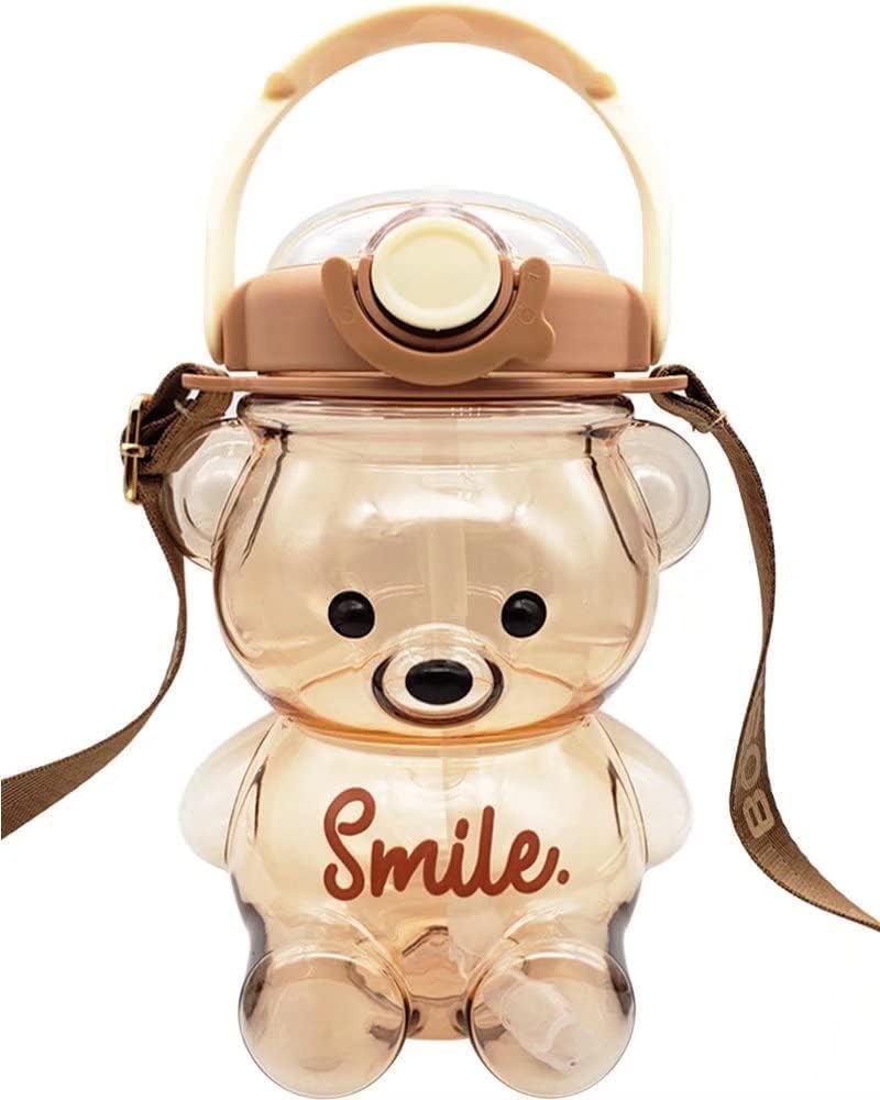 Bear Water Bottles, Kawaii Cute bears Water bottle Bear Cup with Straw, Cute Charms and Strap for School Gifts portable plastic large capacity water bottle