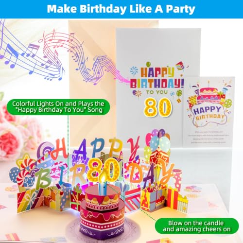 Image of 80th Pop-Up Musical Birthday Card, Blowable LED Candle for Women and Men