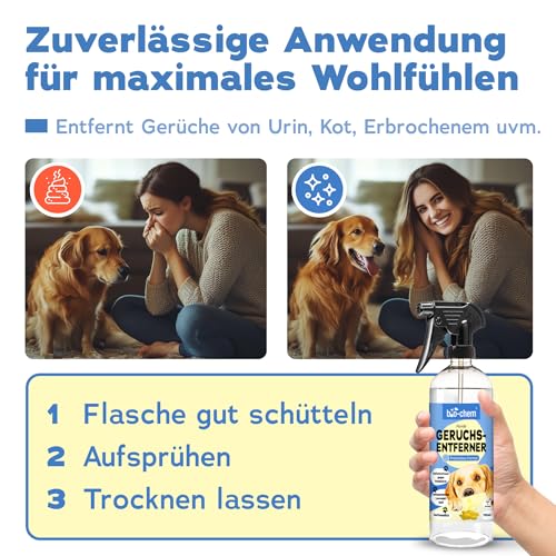 bio-chem Hunde Geruchsentferner Spray 750 ml - Enzymreiniger mit Mikroorganismen - Geruchsneutralisierer gegen Hundeurin Geruch - Entfernt Gerüche aus Sofa, Teppich, Polster nachhaltig - Made in DE