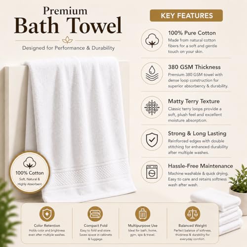 Image of 100% Pure Cotton Bath Towel for Men & Women | 380 GSM Ultra Soft, Highly Absorbent & Quick Dry Bath Towel | Large 55 x 28 Inch Matty Terry Towel for Bathroom, Gym, Travel & Daily Use | White