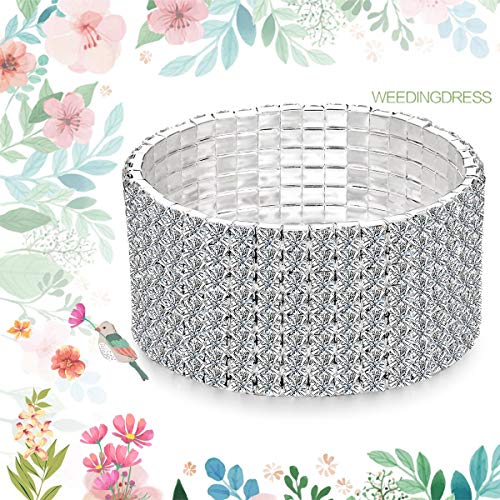 JEWMAY Yumei Jewelry 8 Strand Rhinestone Stretch Bracelet Silver-Tone Sparking Tennis Bracelet