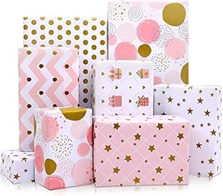 MAMUNU 12 Sheets Pink and Gold Gift Wrapping Paper Sheets for Valentine's Day, Party, Birthday for Women and Girls, 12 Folded Sheets, 50CM X 70CM