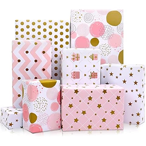 MAMUNU Gift Wrapping Paper for Girl Women, 12 Sheets Metallic Gold Foil and Pink Wrapping Paper, Gift Wrapping Paper Sheets for Birthday, Valentines Day, Wedding, Baby Shower, 28x20inch Cover