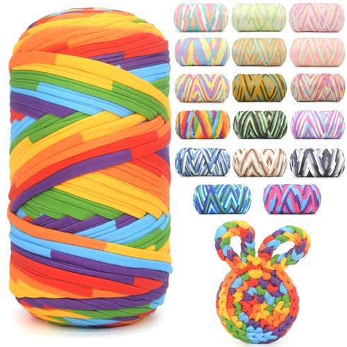 400g Tshirt Yarn for Crochet Rainbow T Shirt Soft Elastic Fabric Chunky Thick T-Shirt Crochet Yarn for Crocheting Knitting Beginner Hand Knitting for Bag/DIY Craft/Home Decor-Bright Rainbow
